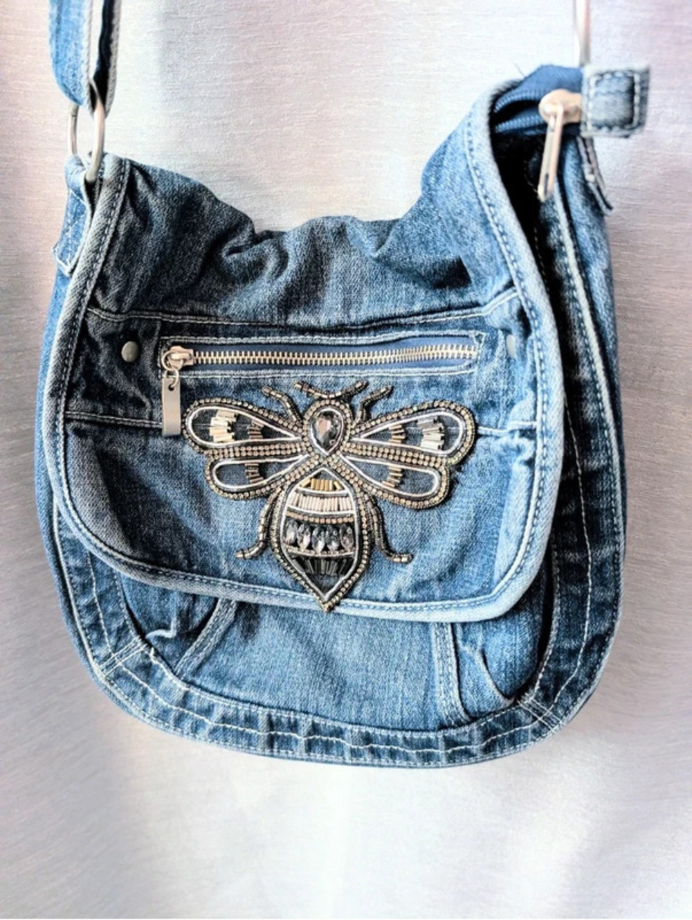 Denim Silver Bee Upcycled Shoulder Bag
